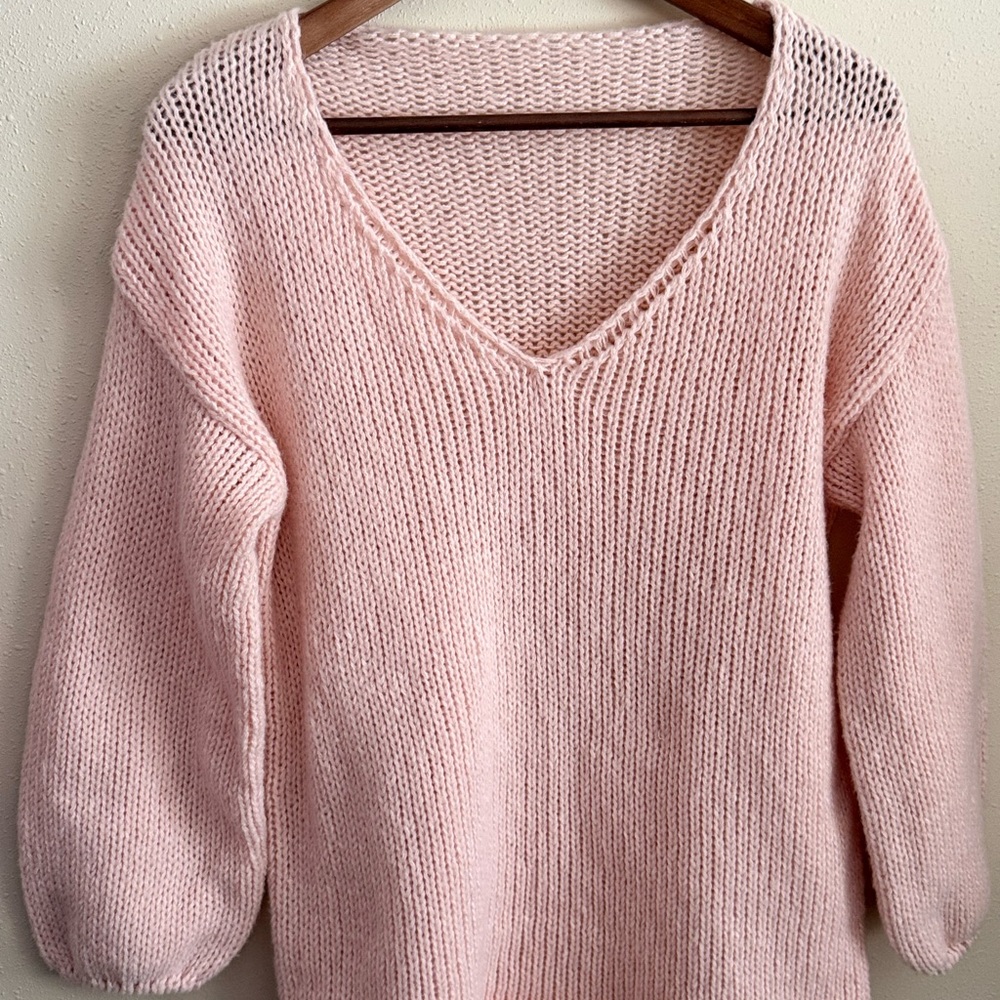 Blush Pink Chunky Knit Sweater Oversized Slouchy V Neck XL - Picture 2 of 12